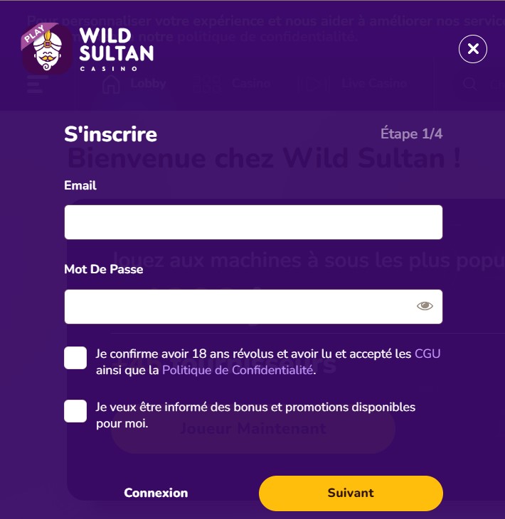 register an account at Wild Sultan Casin